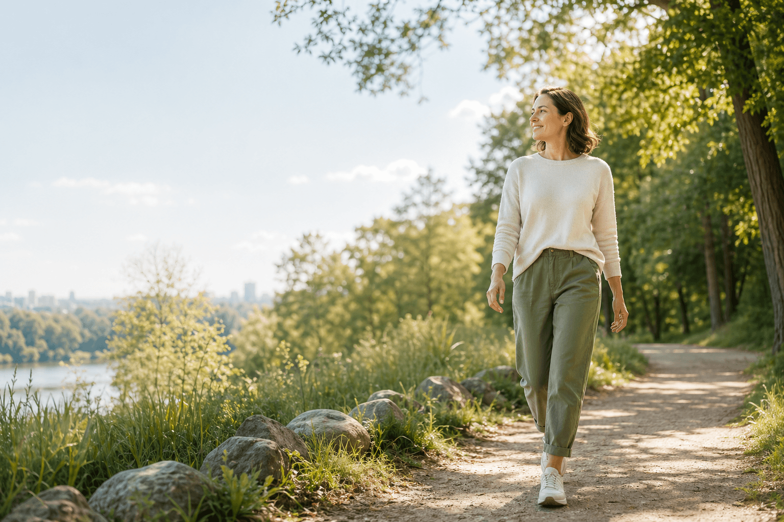 A person walking outside in warm daylight while health progress continues.