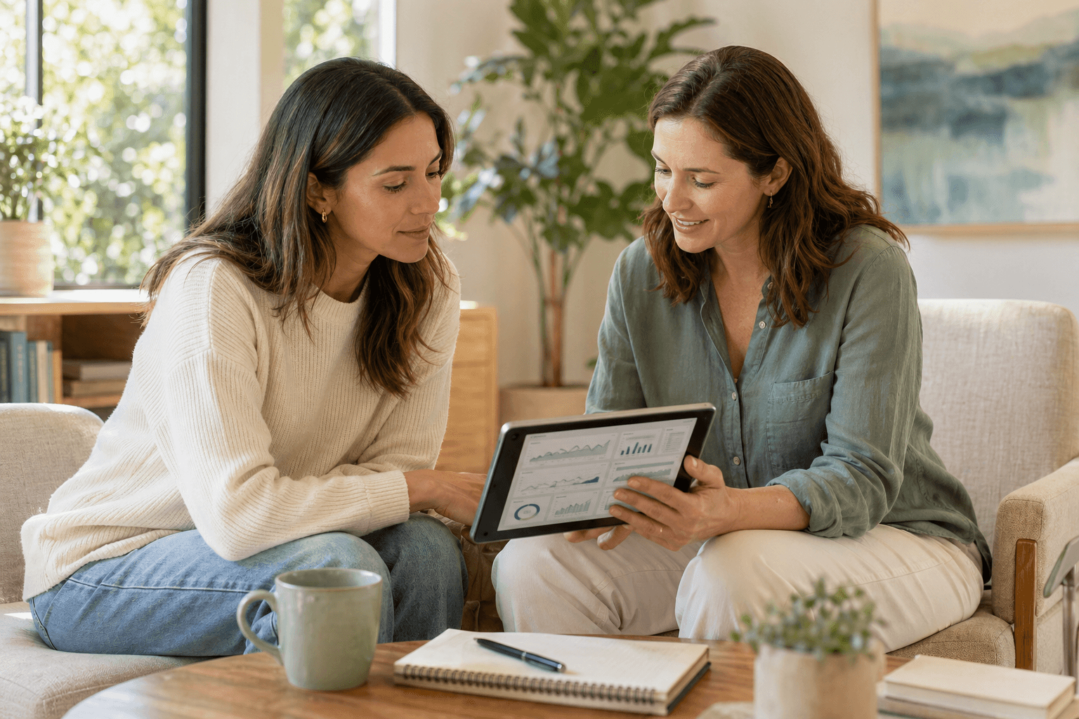A practitioner and individual reviewing health context together in a calm room.