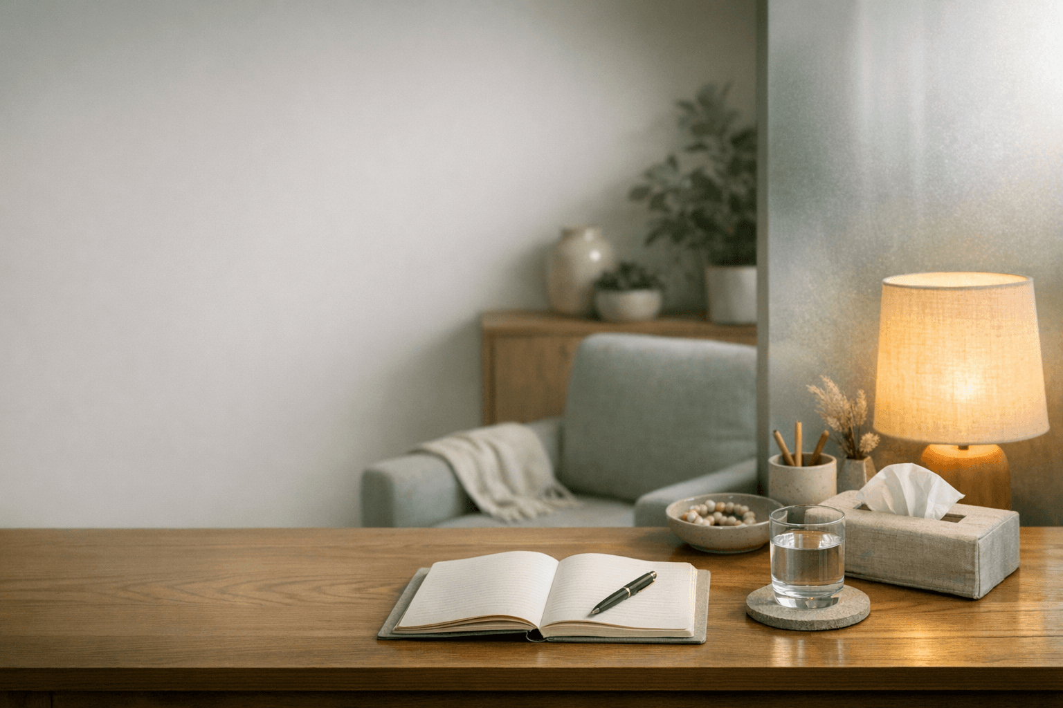 A calm Aluma treatment and planning space with a notebook, water, and warm lamp light.