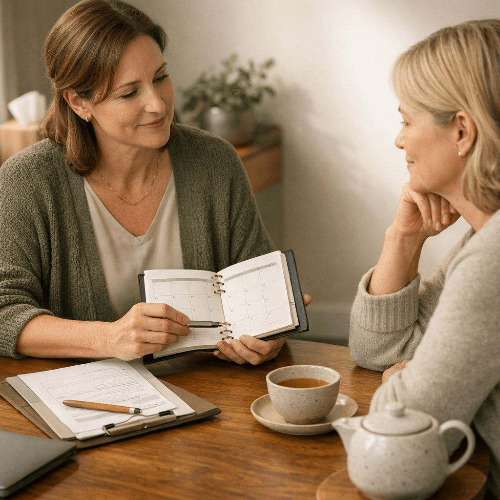 A calm practitioner and client planning together over a notebook and tea.